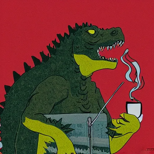 Image similar to godzilla wearing shades and smoking a blunt of marijuana