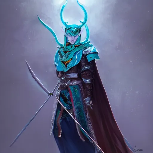 Image similar to half length portrait of a handsome male snow elf in a turquoise cape and silver ornate armour as an archer, albino skin, pale pointed ears, winter vibes, perfect face, elegant, very coherent symmetrical artwork, atmospheric lighting, rule of thirds, by wenjun lin, krenz cushart, charlie bowater, trending on artstation