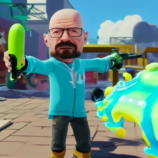 Prompt: walter white as a splatoon inkling, wide shot, in game screenshot, unreal engine, high definition