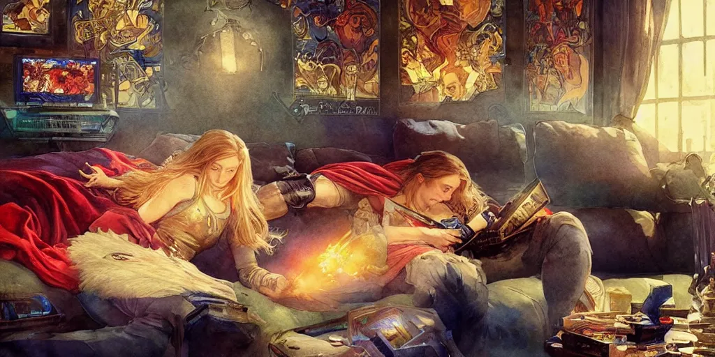 Prompt: a beautifull intricate watercolour painting of a cute thor playing video games!! on a couch watching big screen television, warm colors, cinematic frame, contest, verry high details by william turner art, greg rutkowski and alphonse mucha, trending on artstation, very very detailed, masterpiece, vibrant colors