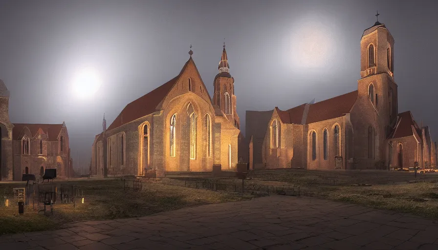 Image similar to Eusebius church in Arnhem by night, wide view, volumetric light, hyperdetailed, artstation, cgsociety, 8k