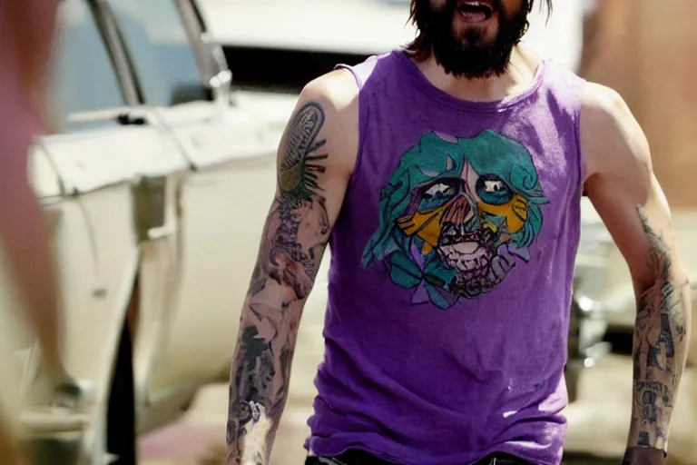 Image similar to medium full shot of jared leto as a white gang member wearing a purple head covering made from a polyester or nylon material and a white tank top outside a trap house in the new movie directed by ice cube, movie still frame, arms covered in gang tattoo, promotional image, critically condemned, top 1 5 worst movie ever imdb list, public condemned, relentlessly detailed