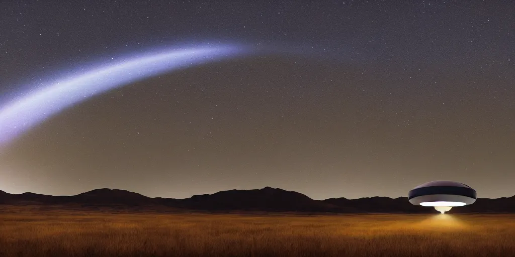 Image similar to ufo hovered over a beautiful night area, surreal, photography, high detailed, 8 k, perfect shape