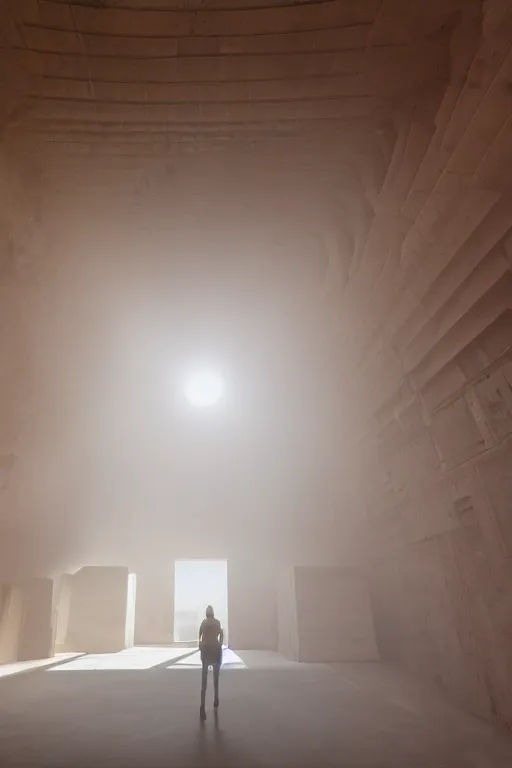 Prompt: inside a tall vetical room, monolithic, open wall architecture, dust cloud enter through giant open windows, high winds, concrete pillars, ancient sci - fi elements, on an alien planet, sun is blocked by dust, pale orange colors, cinematographic wide angle shot, f / 2 4, motion blur