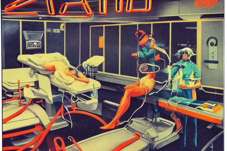 Prompt: 1979 OMNI Magazine Cover depicting an operating room in a commercial car garage. Cyberpunk Akira style by Vincent Di Fate