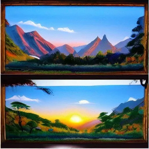 Image similar to beautiful landscape mountains, valley, sunset light, lots of wildlife and a gorilla. Bob Ross.