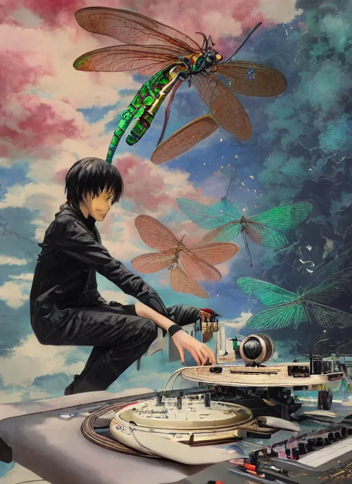 Image similar to surreal gouache painting, by yoshitaka amano, by ruan jia, by Conrad roset, by good smile company, detailed anime 3d render of a magical Dragonfly flying over a Mushroom on a DJ Mixer, Vinyl deck, controller, portrait, cgsociety, artstation, rococo mechanical and Digital and electronic, dieselpunk atmosphere