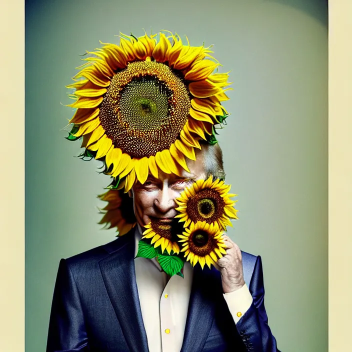 Image similar to photo portrait of Vladimir Putin - sunflowers - dressed in leisure suit with ornamental ethereal sunflower pattern, natural skin tone, highly detailed realistic flowers ornament in the upper side of breast, hair, eyebrows and wrinkles are intricate with highly detailed realistic flowers, elegant, Realistic, Refined, Highly Detailed, natural soft pastel lighting colors scheme, fine art photography by Cecil Beaton, volumetric lighting, hyper realistic photography