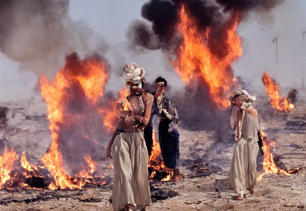 Image similar to fashion editorial in Kuwait oil fields burning fire burning. 1991. highly detailed. depth of field. high definition. 8k. photography.