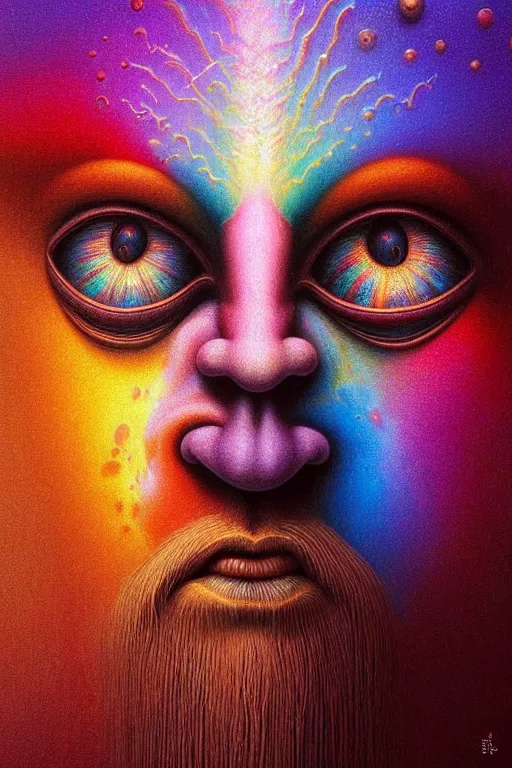 Image similar to hyperrealistic abstract close-up Renaissance psychedelic!! celestial happy! pure creature!! peaceful! kind spirit of nature! beautiful fractal!! eyes! highly detailed concept art eric zener elson peter cinematic hard rainbow lighting high angle hd 8k sharp shallow depth of field endless, inspired by Zdzisław Beksiński Salvador Dali