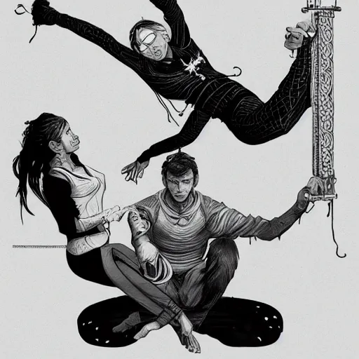 Prompt: rpg character concept art, three people doing acroyoga while floating in space, intricate detail, in the style of jamie hewlett hiroya oku riyoko ikeda, 3 d render, artstation trending, 8 k, octane render, photorealistic, sharp detail, manga, black and white