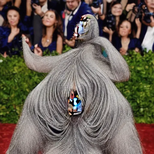 Prompt: An orangutan wearing a beaded navy designer dress and sapphires attending the Met Gala, hyperdetailed, photorealistic, high fashion