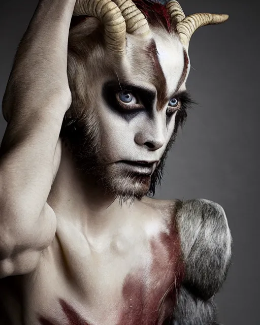 Prompt: Jared Leto in Elaborate Pan Satyr Goat Man Makeup and prosthetics designed by Rick Baker, Hyperreal, Head Shots Photographed in the Style of Annie Leibovitz, Studio Lighting