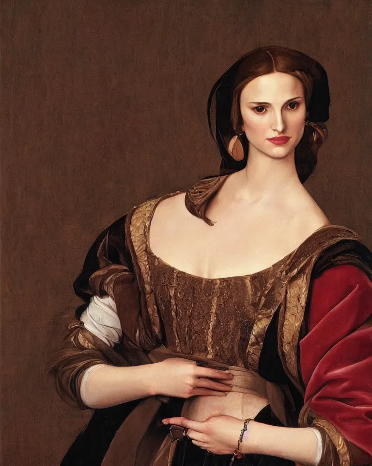 Image similar to a portrait of a Natalie Portman , beautiful clothes, oil painting in a renaissance style , very detailed, painted by Caravaggio.