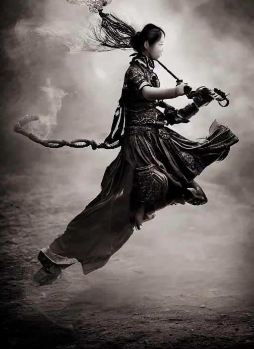 Image similar to old vintage photo of Chinese ancient warrior female on the complex steam punk hooverboard, extreme sports photography , dynamic photography, high speed,dirt and grawel flying in the spot, lens flares, dust in the air, moody lighting, intricate, elegant, highly detailed, centered, smooth, sharp focus, sports photography, old photo, black and white, sepia, cinematic lighting, cinematic angle, national geographic