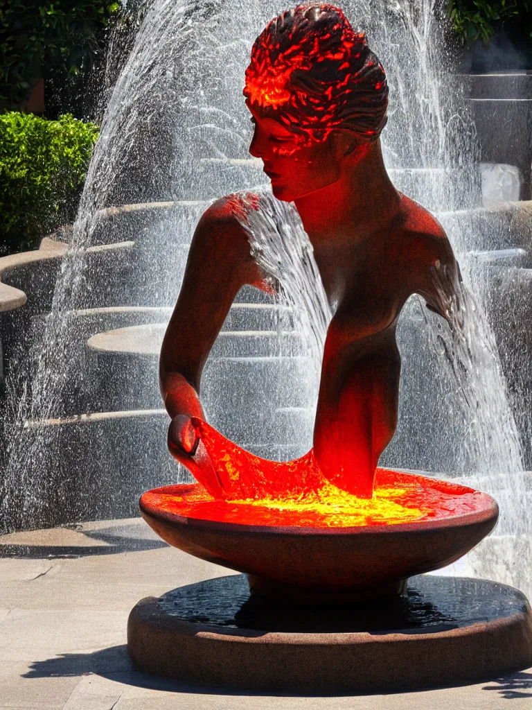 Prompt: fountain with a woman with a bowl from where lava pours out, photorealistic, high detailed, sharp focus, lava fountain