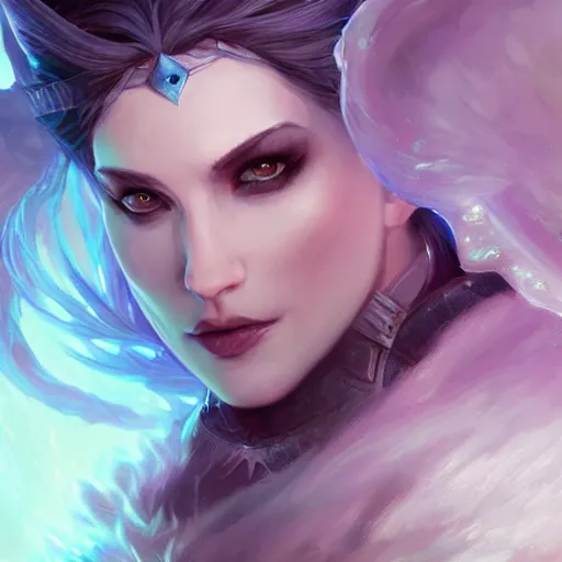 Prompt: Ice Sorceress, arrogant, Magic the Gathering, fantasy, portrait, highly detailed, digital painting, artstation, concept art, sharp focus, illustration, art by artgerm and livia prima and magali villeneuve, blue white and purple color scheme