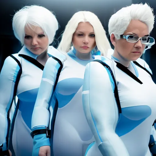 Image similar to formation of determined chubby women with white hair, white hair, tight light blue neopren suits, futuristic production facility, sci - fi, highly detailed, cinematic