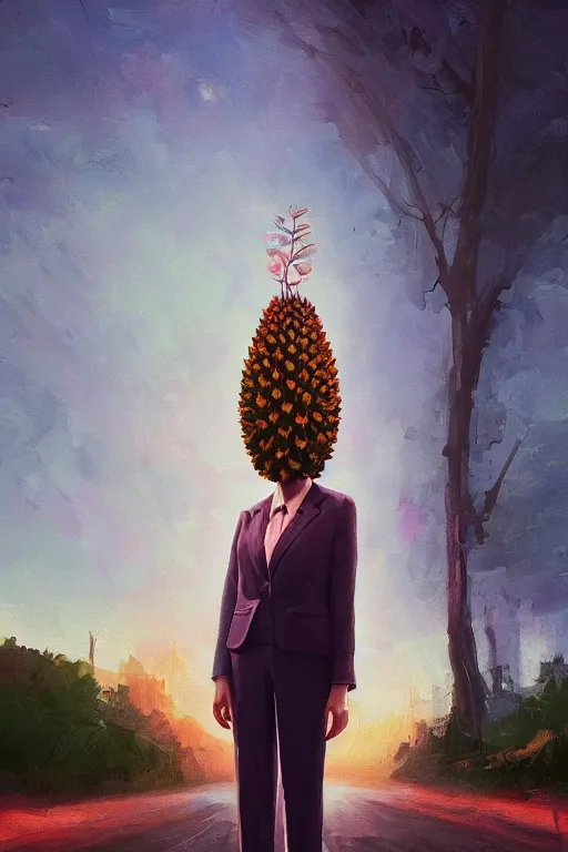 Image similar to portrait giant dahlia flower head, frontal, girl in a suit, standing in street, surreal photography, sunrise, dramatic light, impressionist painting, digital painting, artstation, simon stalenhag