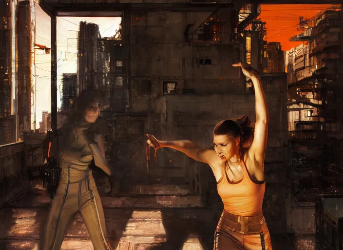 Image similar to Maria evades sgt Nash. Cyberpunk hacker in orange jumpsuit escaping menacing police troopers (blade runner 2049). beautiful face. Rooftop free running. Orientalist portrait by john william waterhouse and James Gurney and Theodore Ralli and Nasreddine Dinet, oil on canvas. Cinematic, hyper realism, realistic proportions, dramatic lighting, high detail 4k