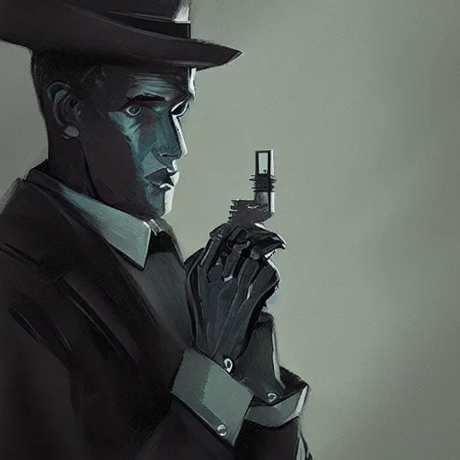 Image similar to a portrait of noir robot detective, in the style of greg rutkowski