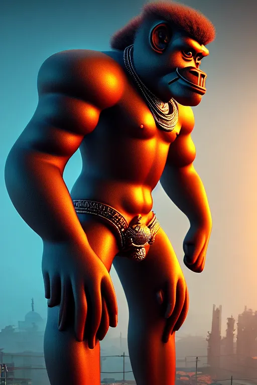 Image similar to high quality 3 d render post - rococo cyberpunk hanuman! head shri ram centre, madhubani, highly detailed, morning in sci - fi new delhi, cinematic smooth unreal engine, lee madgwick & liam wong, dramatic light, long shot, low angle, uhd 8 k, sharp focus