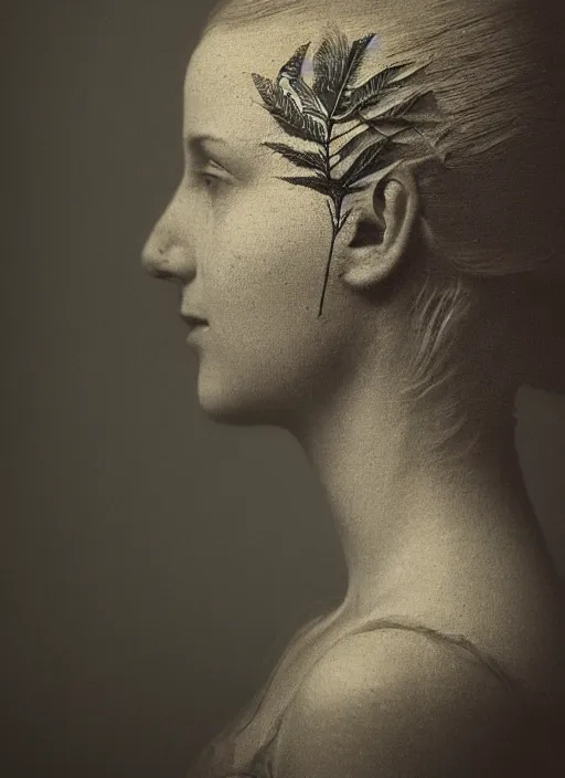 Image similar to a womans face in profile made of leaf skeleton in the style of the Dutch masters and Gregory Crewdson dark and moody
