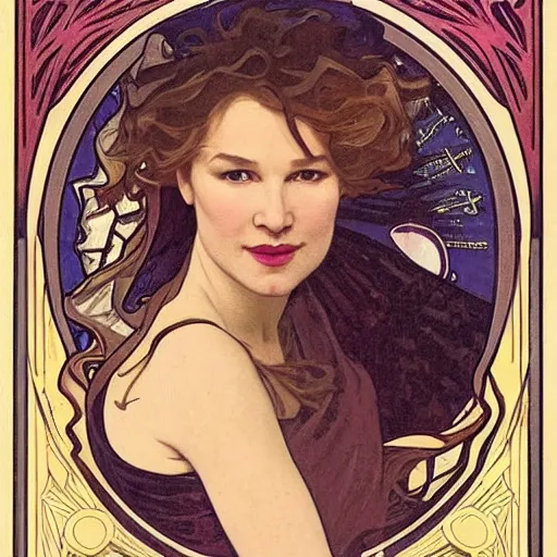 Image similar to renee zellweger portrait by louis - theophile hingre and alphonse mucha, realistic, sharp focus, zodiac signs, tarot cards, planets, ethereal, art nouveau, magic, moon, sun, crown, dreamy, royal, jewellery