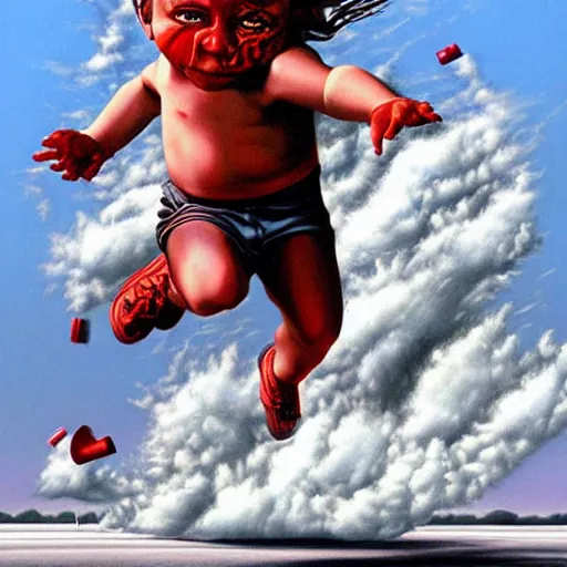 Prompt: a running child turning into vapor, mist, smoke, blood, scissors in hand, a detailed matter painting by Jason Edmiston