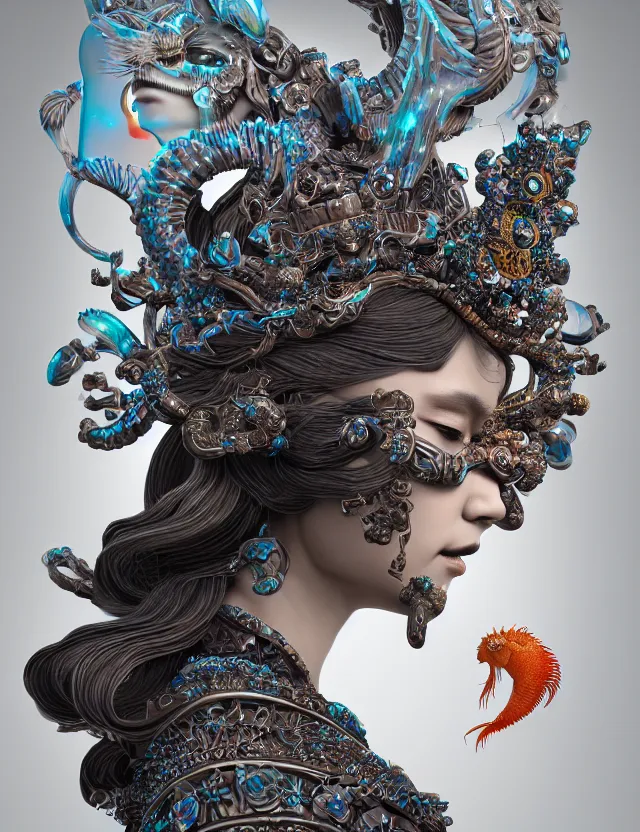 Image similar to 3 d goddess close - up profile portrait with crown, ram skull. beautiful intricately detailed japanese crow kitsune mask and clasical japanese kimono. betta fish, jellyfish phoenix, bio luminescent, plasma, ice, water, wind, creature, artwork by tooth wu and wlop and beeple and greg rutkowski