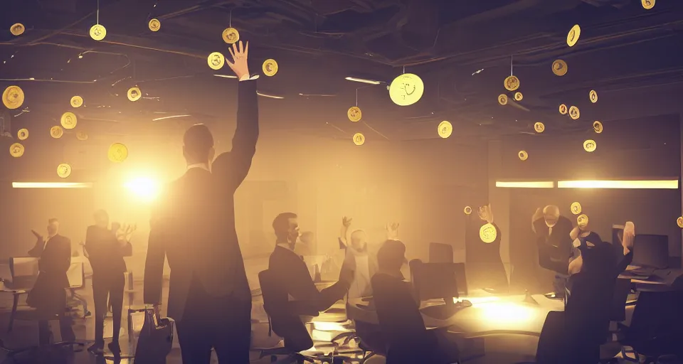 Image similar to Dramatic photo of a CEO waving goodbye in front of a group of silhouettes of his coworkers in a futuristic office. Golden coins are levitating all around them. 8k, high detail, trending on Artstation, volumetric lighting, cyberpunk