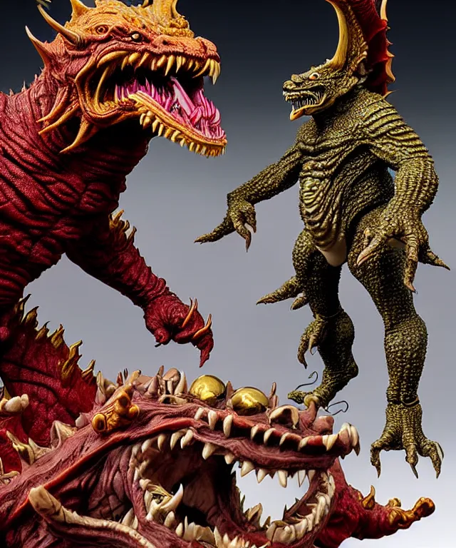 Image similar to a hyperrealistic rendering of an epic boss fight against an ornate king emporer kaiju beast god by art of skinner and richard corben, product photography, collectible action figure, sofubi