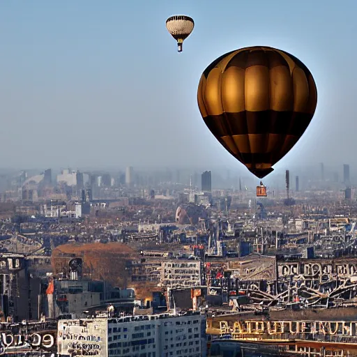 Image similar to Steampunk balloon in the air, flying above the city.