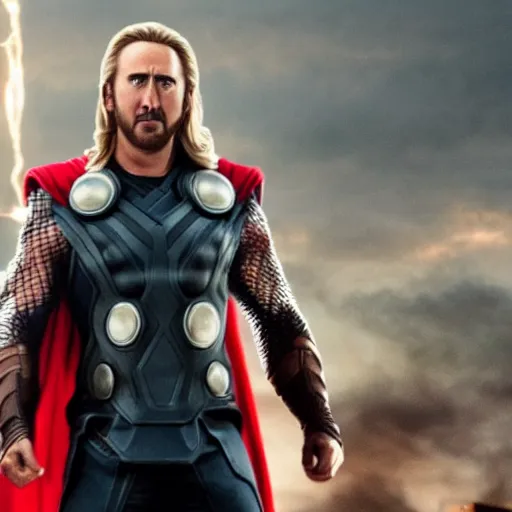 Image similar to film still of Nic Cage as Thor in Avengers Endgame