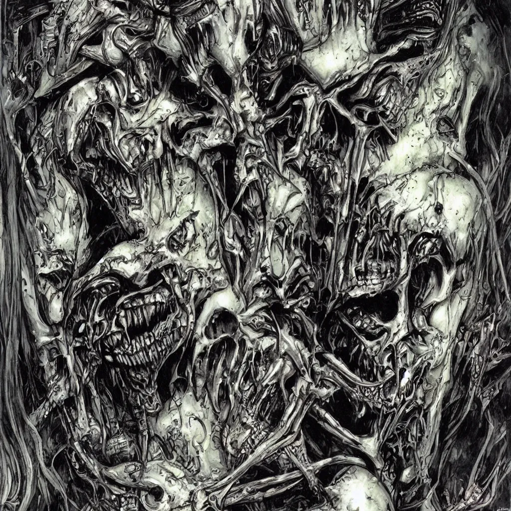 Image similar to judge death by simon bisley and h.r. giger