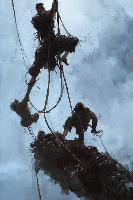 Image similar to “ gilliver ’ s travels ” man tied down by ropes, by greg rutkowski, artgerm, craig mullins, alan lee