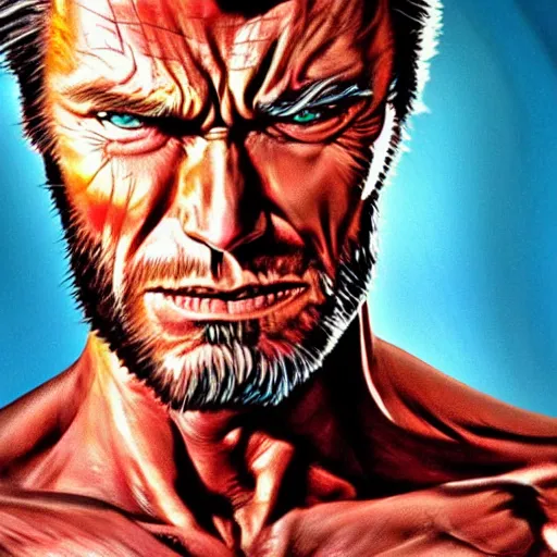 Prompt: Clint Eastwood as Wolverine, X-men angry face, hyper realistic, portrait, high detail skin