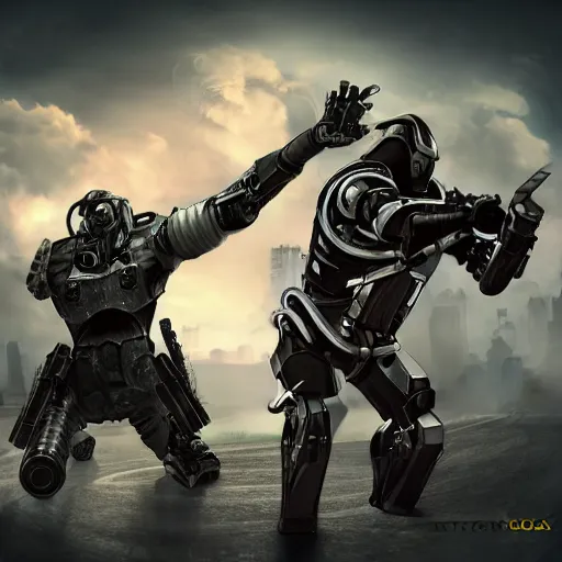 Prompt: anthropomorphic futuristic war robot - fighter killing a man - photographer, two figures, full body, clean background, photorealistic, detailed,