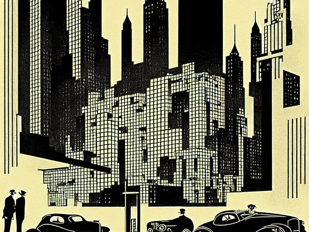 Prompt: two suspicious men in a parked a car in front of a very tall building, desert street, late at night, dimly lit, gangster, film noir, upscale 1920, relaxed poose, art deco, artwork by coles phillips, post processing, intricate, grim yet sparkling atmosphere, cinematic lighting, art nouveau