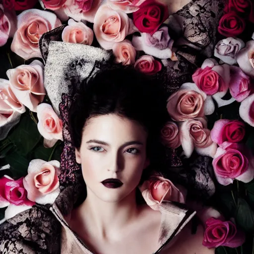 Image similar to a fashion photo of a beautiful model, a bed of roses, by ted gibson, jen atkin, tom eerebout, elizabeth saltzman, peter lindbergh, tim walker, symmetry, full face, studio lighting, dlsr,