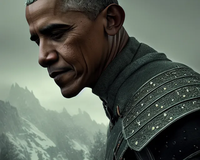 Image similar to 5 5 mm portrait photo of barack obama as a witcher in kaer morhen. dark atmosphere. art by greg rutkowski. highly detailed 8 k. intricate. lifelike. soft light. nikon d 8 5 0.