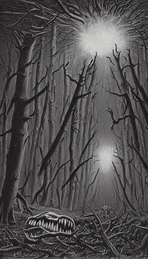 Prompt: a storm vortex made of many demonic eyes and teeth over a forest, by david a. hardy