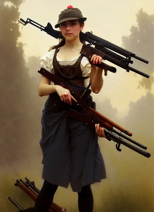 Prompt: character concept portrait of girl with an american flag in one hand and a rifle in one hand, victorian, intricate, elegant, digital painting, concept art, smooth, sharp focus, illustration, by Ruan Jia and Mandy Jurgens and William-Adolphe Bouguereau, Artgerm