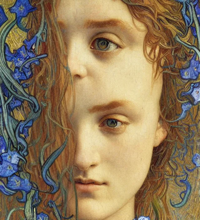 Image similar to detailed realistic beautiful young medieval queen face portrait by jean delville, alphonse mucha, vincent van gogh, and marco mazzoni, art nouveau, symbolist, visionary, gothic, pre - raphaelite