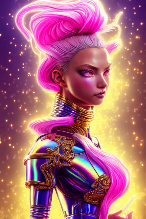 Image similar to hyperdetailed portrait of a stunningly beautiful european girl androgynous guard made of iridescent metals shiny pink gems, bright rainbow gold sparkled nimbus, inspired by ross tran and wlop and masamune shirow and kuvshinov, concept art, intricate, photorealistic, octane render, rtx, hdr, unreal engine, dnd digital art by artgerm