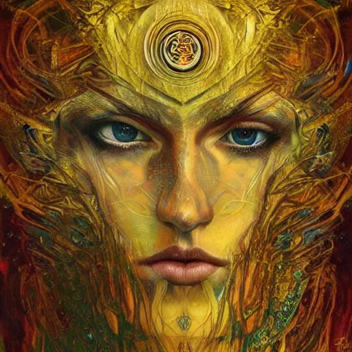 Image similar to Divine Chaos Engine by Karol Bak, Jean Deville, Gustav Klimt, and Vincent Van Gogh, beautiful visionary face portrait, sacred geometry, mystic eyes, otherworldly, fractal structures, ornate gilded medieval icon, third eye, spirals