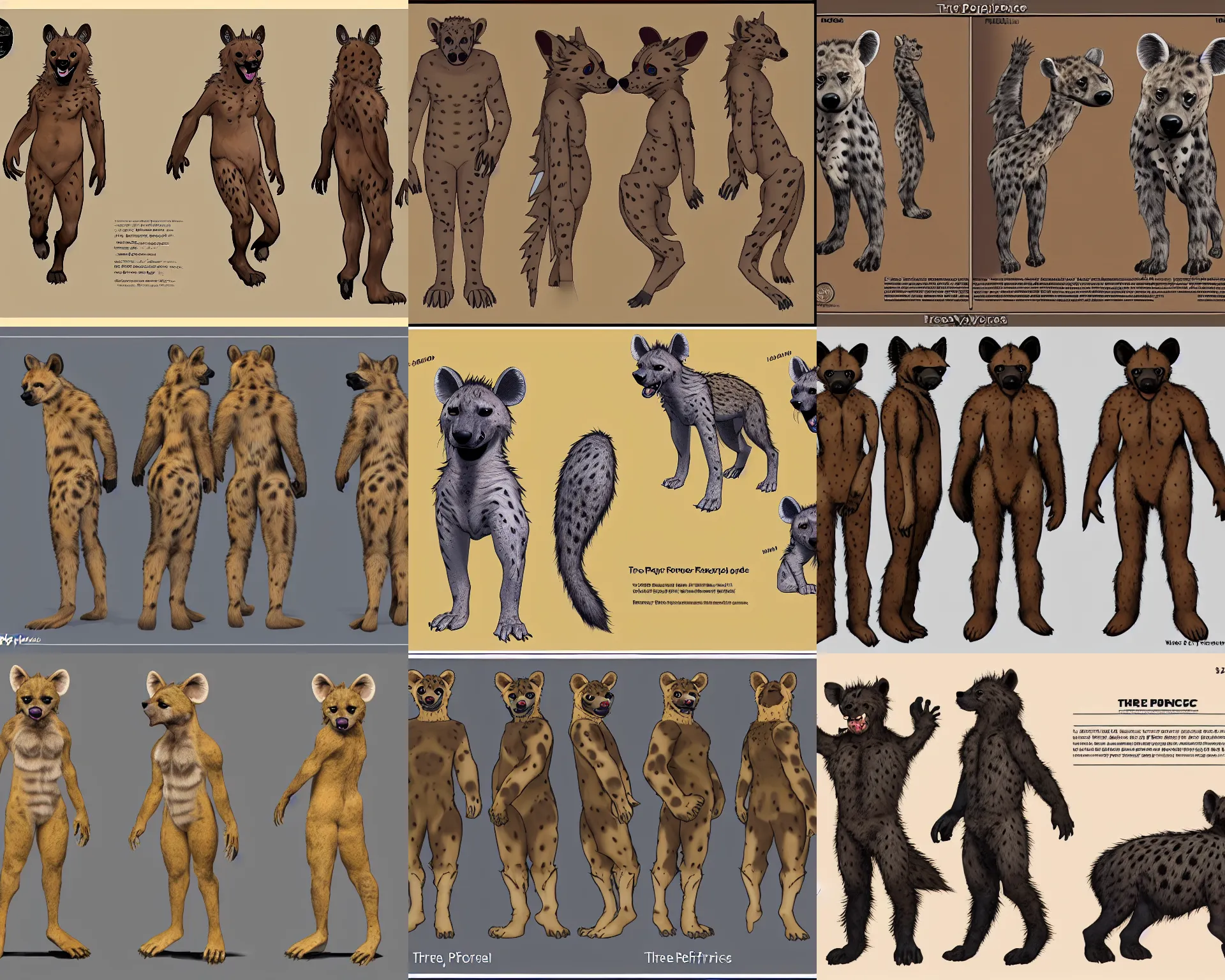 Prompt: three - perspective / three - view furry reference sheet ( front / back / side ), hyena fursona, high - resolution, trending on weasyl