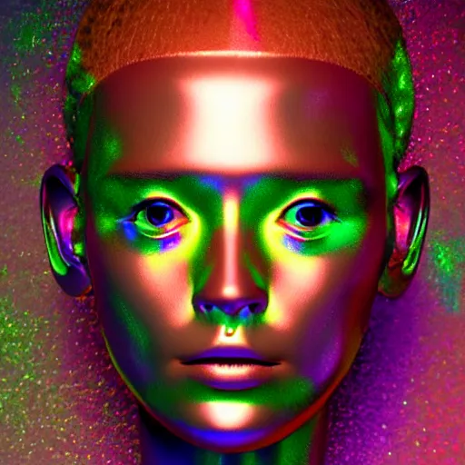 Image similar to 3d render of holographic human robotic head made of glossy iridescent, surrealistic 3d illustration of a human face non-binary, non binary model, 3d model human, cryengine, made of holographic texture, holographic material, holographic rainbow, concept of cyborg and artificial intelligence