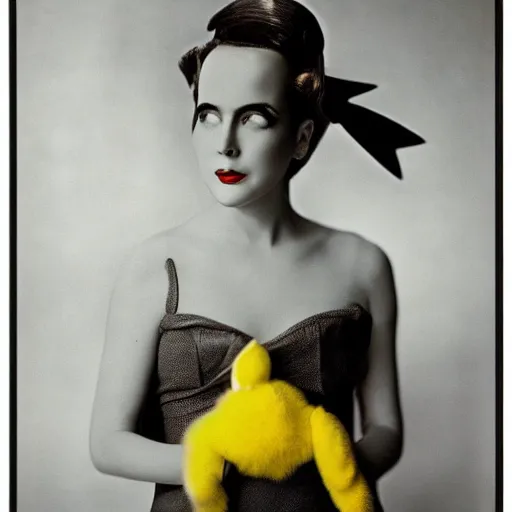 Image similar to elegant woman dressed up as pikachu, art photo in color by Annie Liebovitz and Frantisek Drtikol, digital photo, clean, sharp, smooth, glossy color photo, Nikon, Sigma art lens