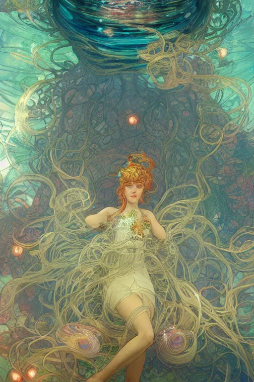 Prompt: a beautiful painting of a cylindrical aquarium with lots of jellyfish, ray of light, shimmering and prismatic, rococo, by krenz cushart and mucha and monet, trending on artstation.